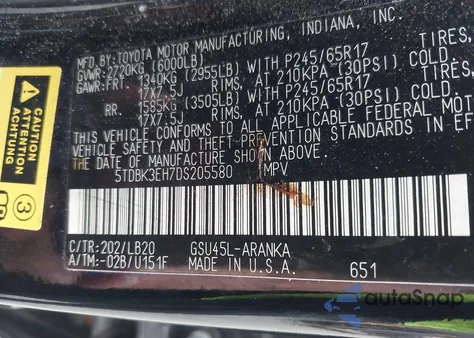 2013 Toyota Highlander Se V6 из США, поврежденный, VIN 5TDBK3EH7DS205580